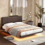 Modern Upholstered Leather Floating Bedframe & Headboard Set with LED Lighting