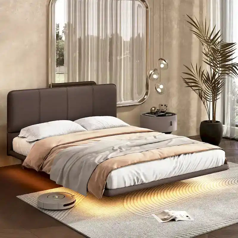 Modern Upholstered Leather Floating Bedframe & Headboard Set with LED Lighting