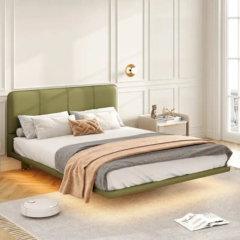 Modern Upholstered Leather Floating Bedframe & Headboard Set with LED Lighting