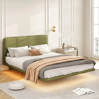 Modern Upholstered Leather Floating Bedframe & Headboard Set with LED Lighting