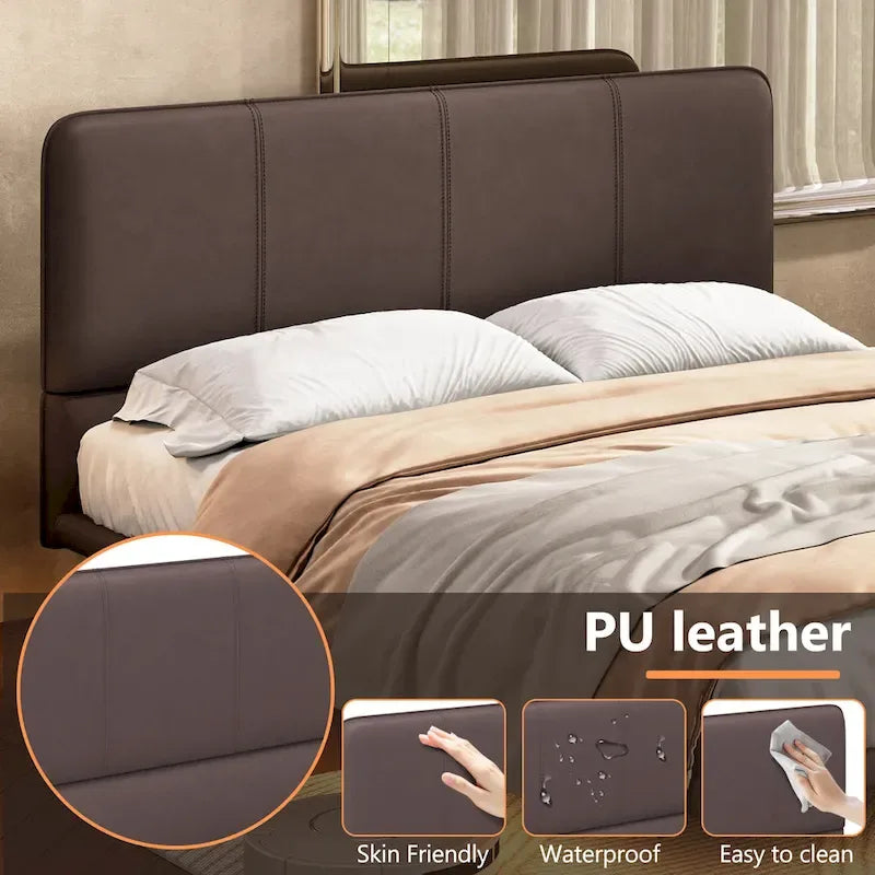 Modern Upholstered Leather Floating Bedframe & Headboard Set with LED Lighting