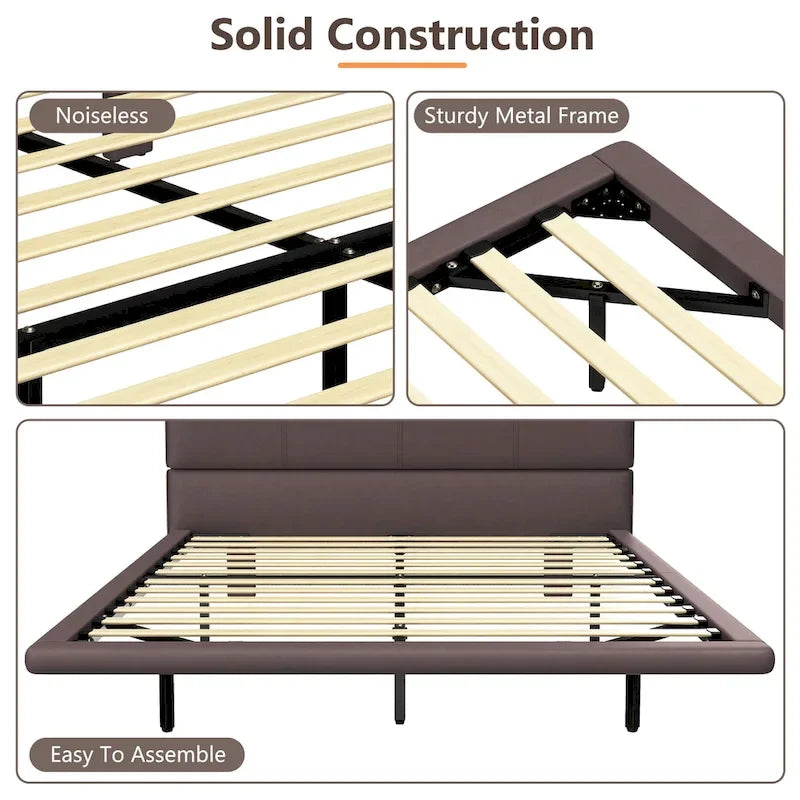 Modern Upholstered Leather Floating Bedframe & Headboard Set with LED Lighting