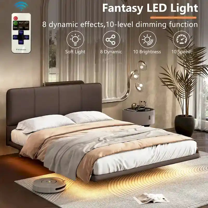 Modern Upholstered Leather Floating Bedframe & Headboard Set with LED Lighting
