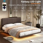 Modern Upholstered Leather Floating Bedframe & Headboard Set with LED Lighting