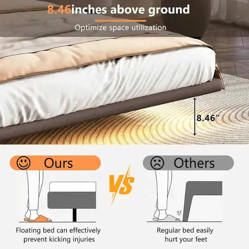 Modern Upholstered Leather Floating Bedframe & Headboard Set with LED Lighting