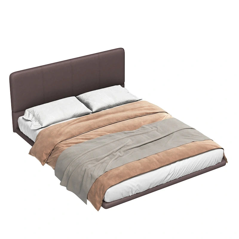 Modern Upholstered Leather Floating Bedframe & Headboard Set with LED Lighting