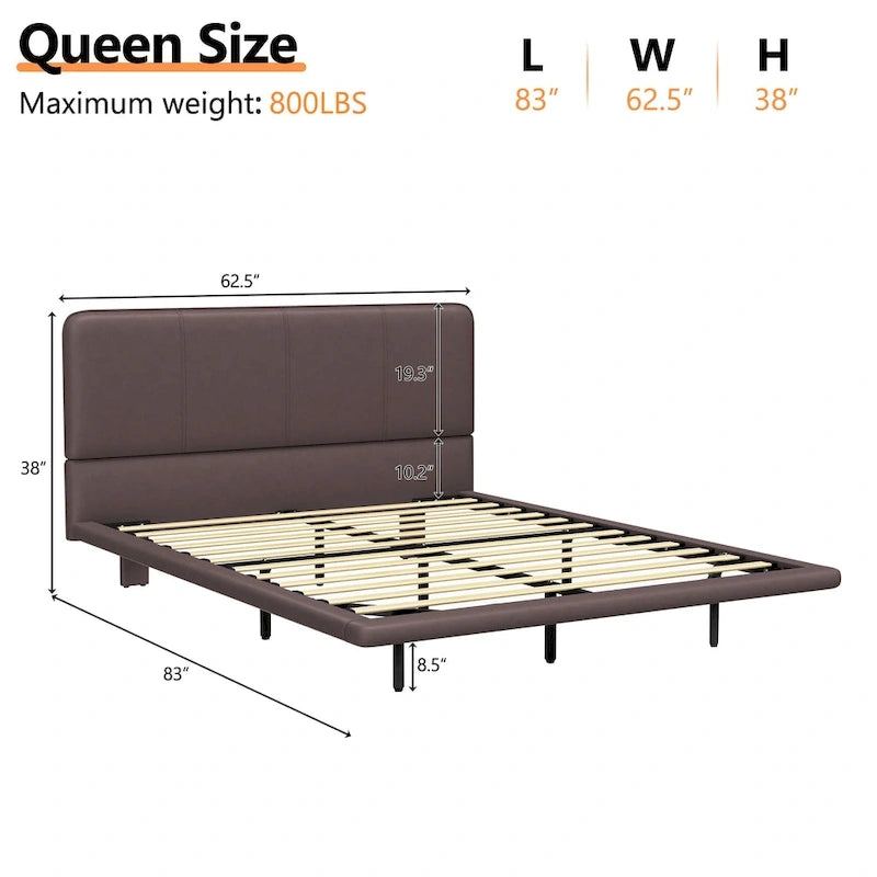 Modern Upholstered Leather Floating Bedframe & Headboard Set with LED Lighting
