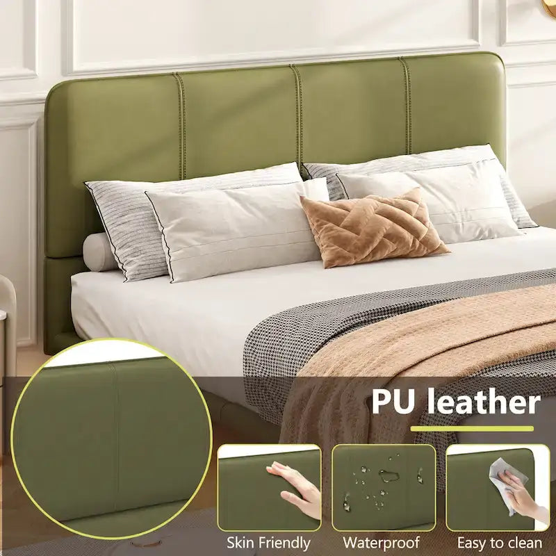 Modern Upholstered Leather Floating Bedframe & Headboard Set with LED Lighting