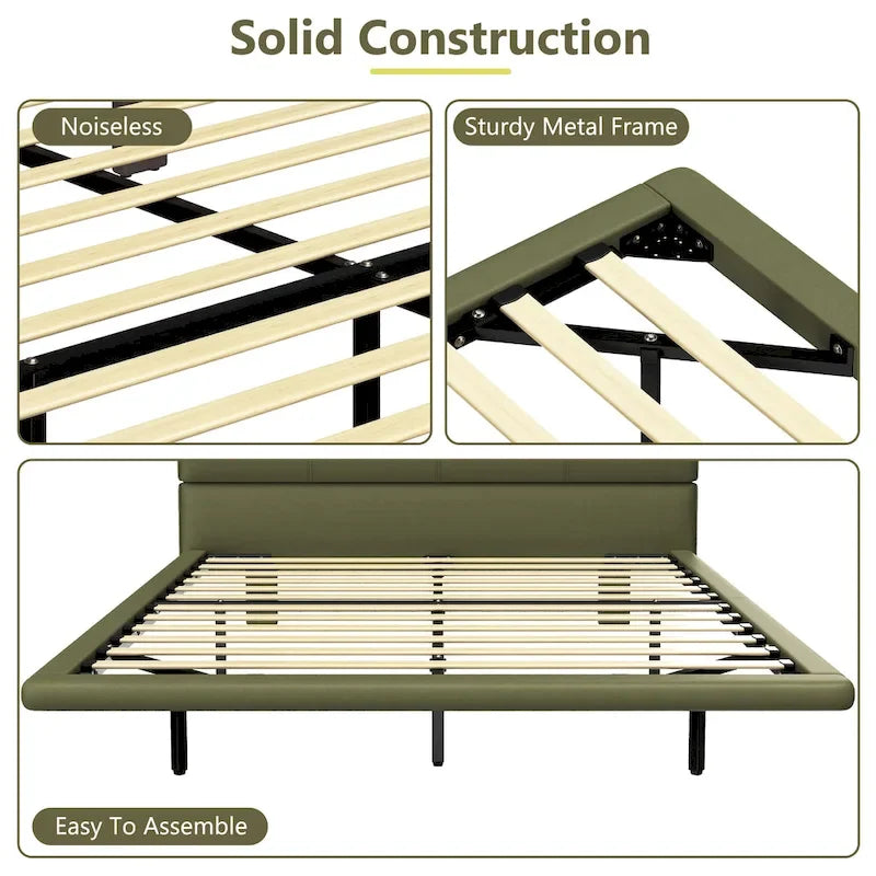 Modern Upholstered Leather Floating Bedframe & Headboard Set with LED Lighting