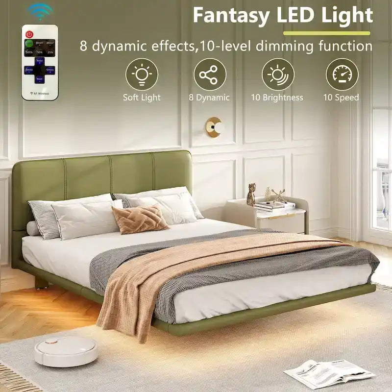 Modern Upholstered Leather Floating Bedframe & Headboard Set with LED Lighting