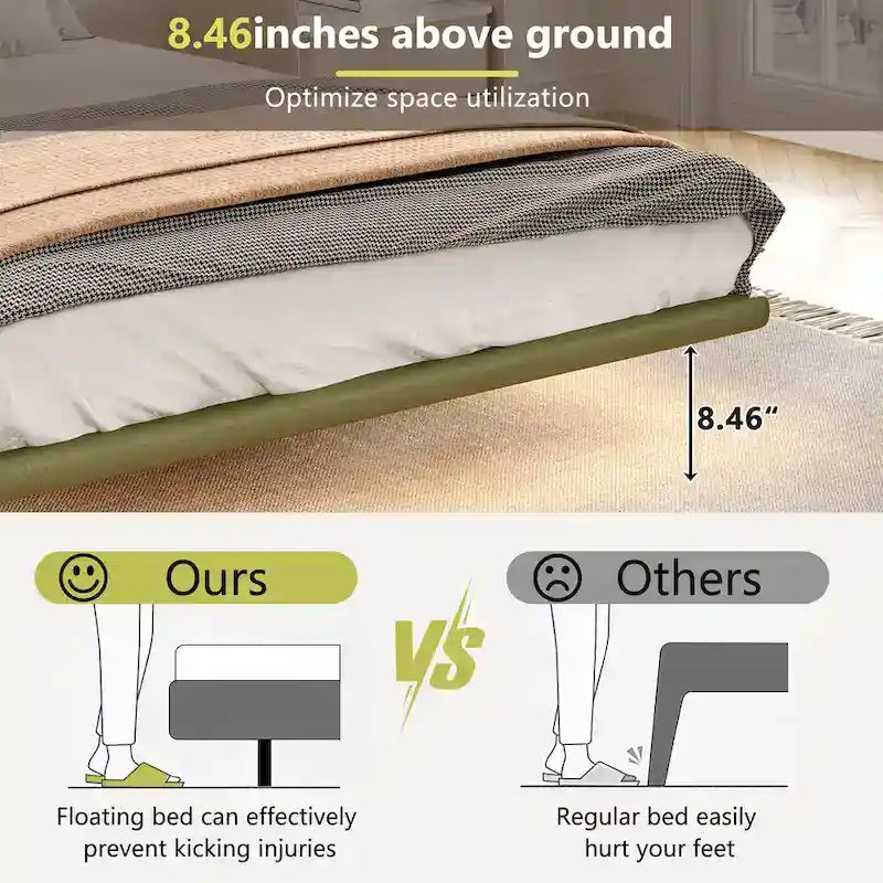 Modern Upholstered Leather Floating Bedframe & Headboard Set with LED Lighting