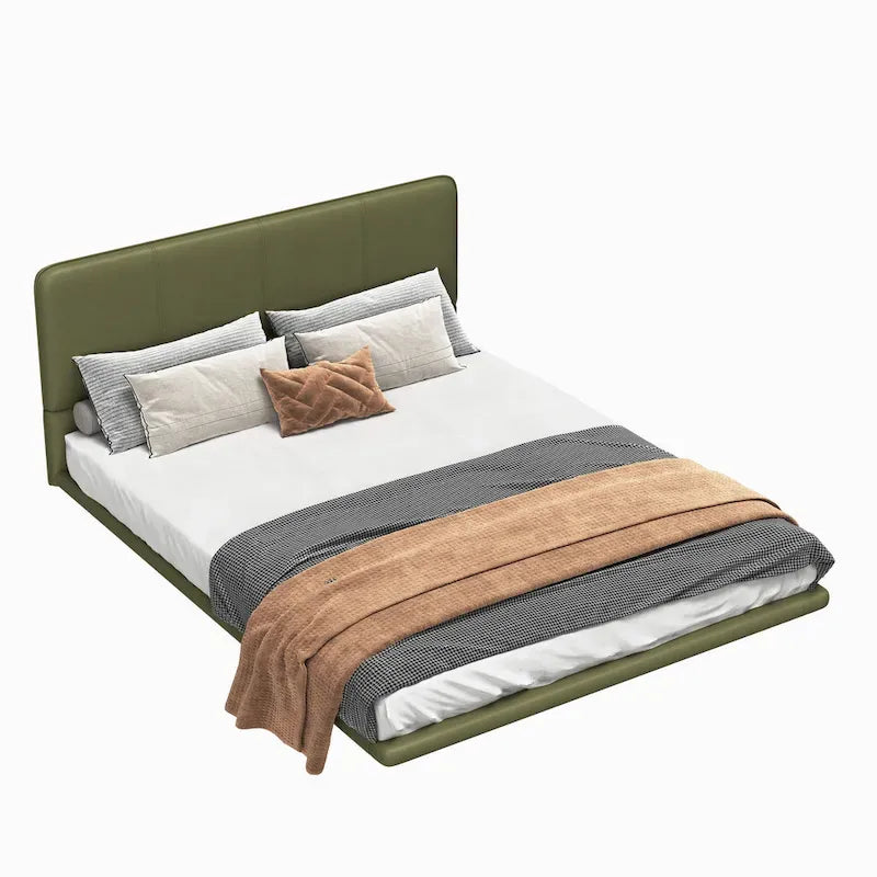 Modern Upholstered Leather Floating Bedframe & Headboard Set with LED Lighting