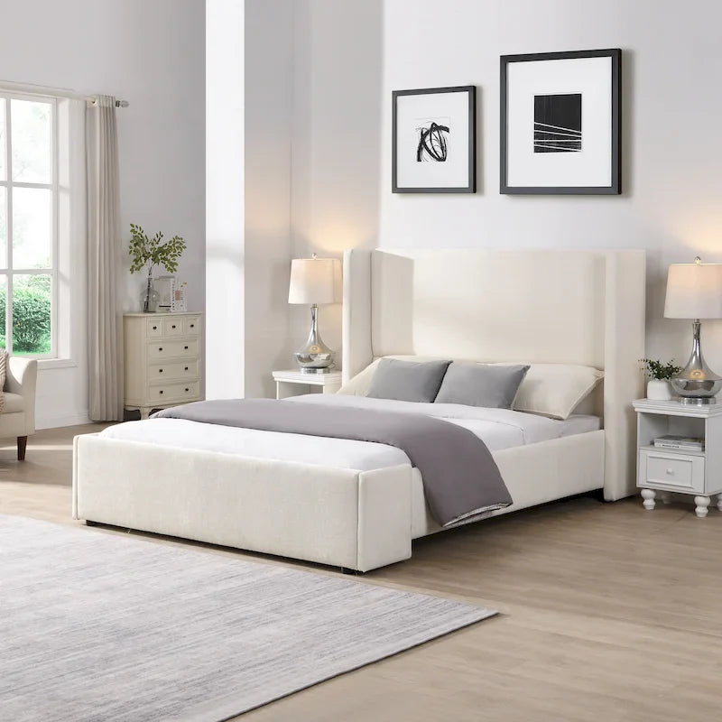 Queen White Fabric Upholstered Bed with Tall Wingback Headboard