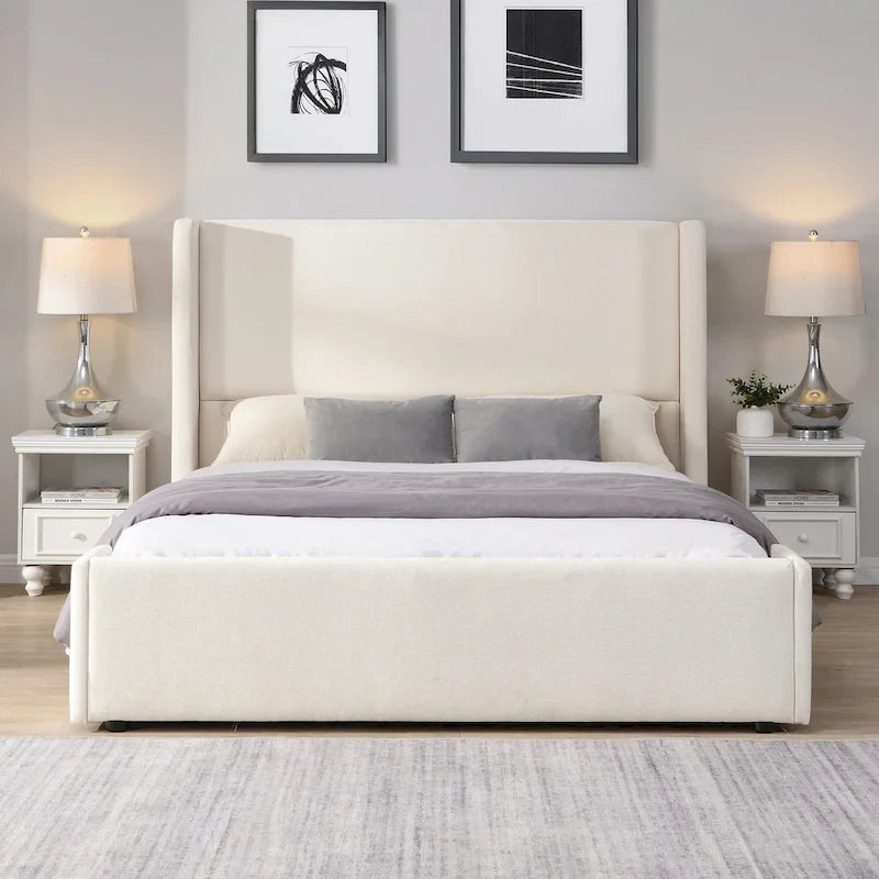 Queen White Fabric Upholstered Bed with Tall Wingback Headboard