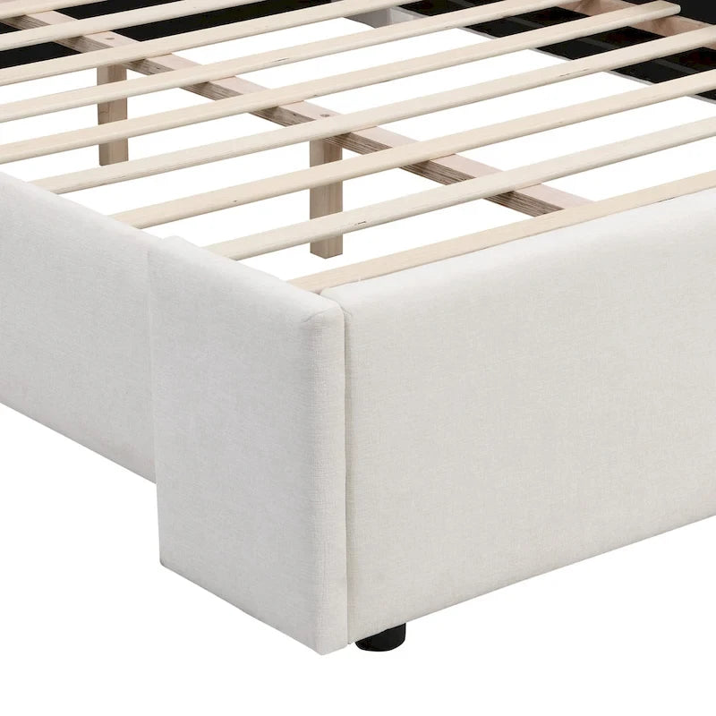 Queen White Fabric Upholstered Bed with Tall Wingback Headboard