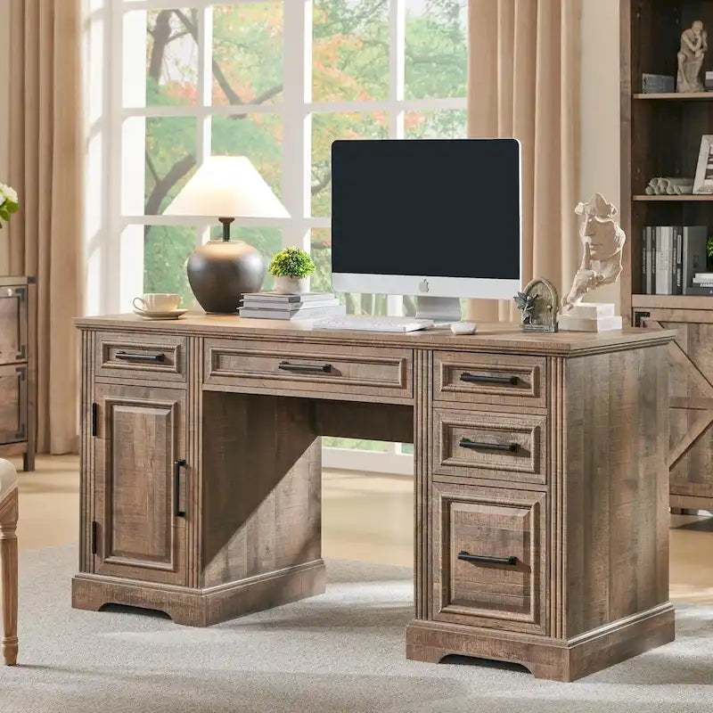58 Large Computer Desk with Drawers, Embossed Texture Office Desk