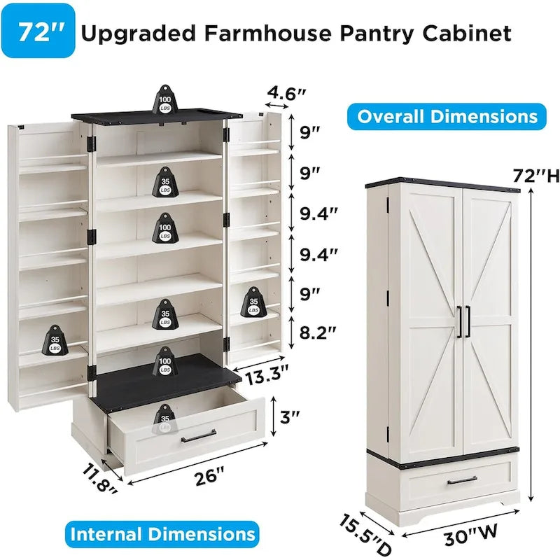 72 Farmhouse Kitchen Pantry Cabinet, Tall Storage Cabinet, Cupboard - N/A