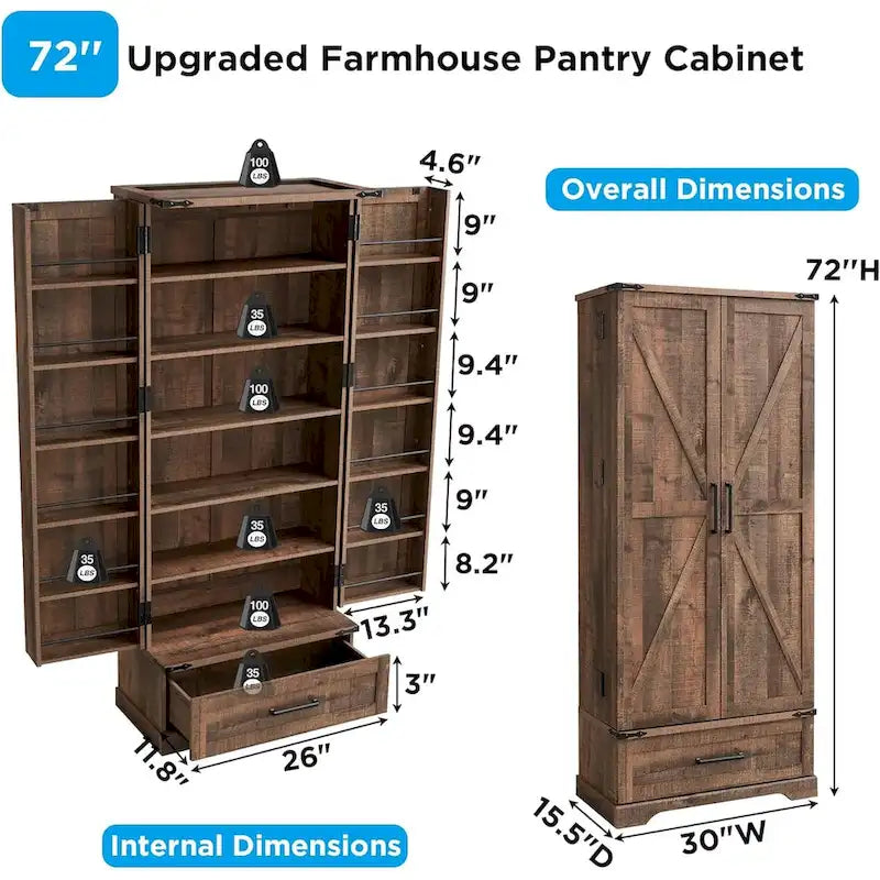 72 Farmhouse Kitchen Pantry Cabinet, Tall Storage Cabinet, Cupboard - N/A