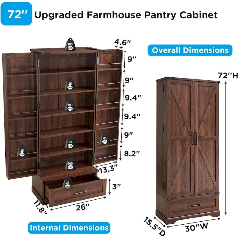 72 Farmhouse Kitchen Pantry Cabinet, Tall Storage Cabinet, Cupboard - N/A