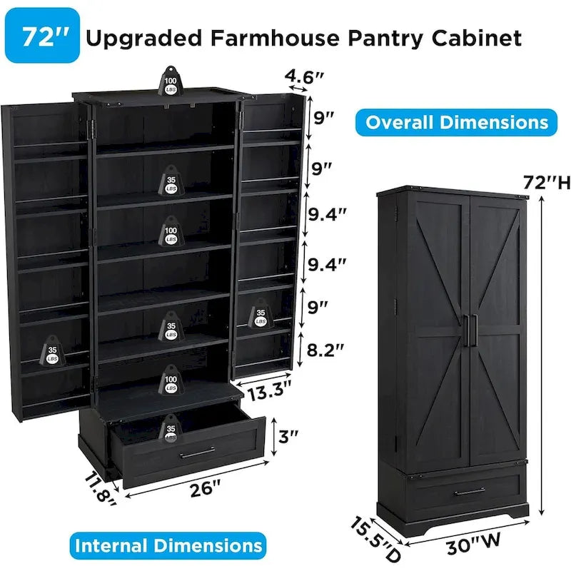 72 Farmhouse Kitchen Pantry Cabinet, Tall Storage Cabinet, Cupboard - N/A