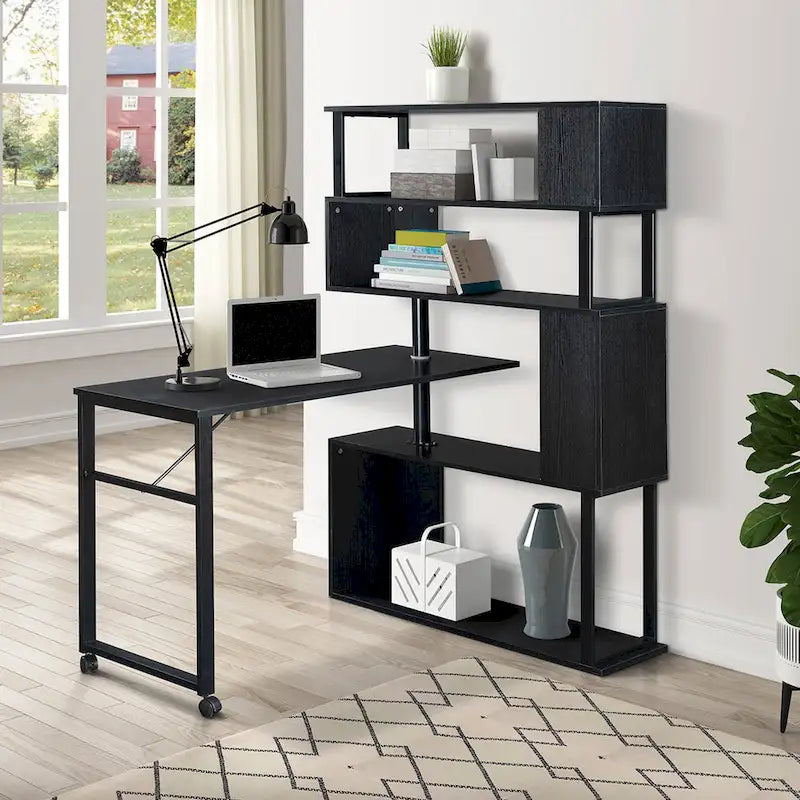Home Office Computer Desk L-Shaped Corner Table, Rotating Computer Table with 5-Tier Bookshelf