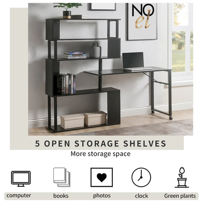 Home Office Computer Desk L-Shaped Corner Table, Rotating Computer Table with 5-Tier Bookshelf