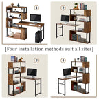 Home Office Computer Desk L-Shaped Corner Table, Rotating Computer Table with 5-Tier Bookshelf
