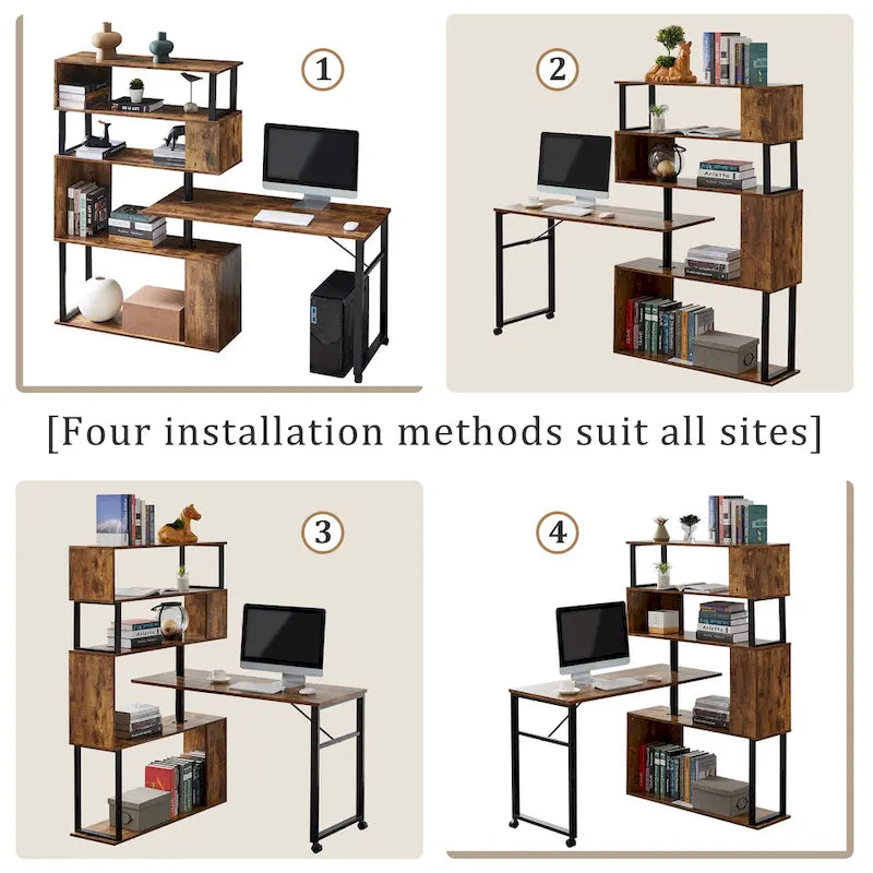 Home Office Computer Desk L-Shaped Corner Table, Rotating Computer Table with 5-Tier Bookshelf
