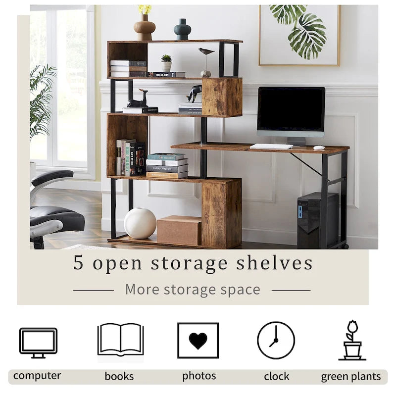 Home Office Computer Desk L-Shaped Corner Table, Rotating Computer Table with 5-Tier Bookshelf