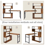 Home Office Computer Desk L-Shaped Corner Table, Rotating Computer Table with 5-Tier Bookshelf