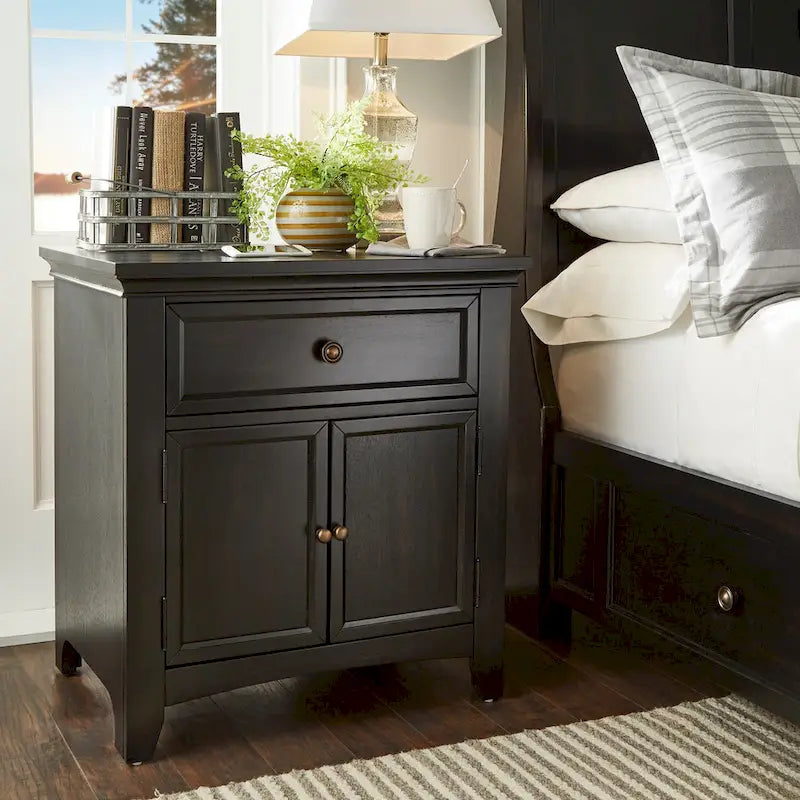 1-Drawer Wood Cupboard Nightstand with Charging Station