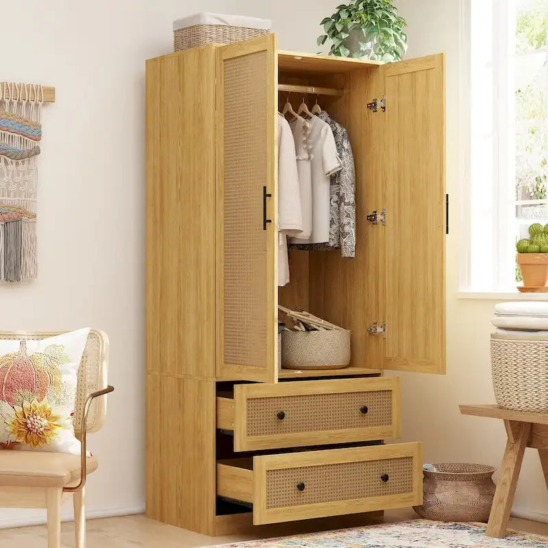 70.9Wardrobe Closet with Drawers and Hanging Rod Armoires Wood Finish