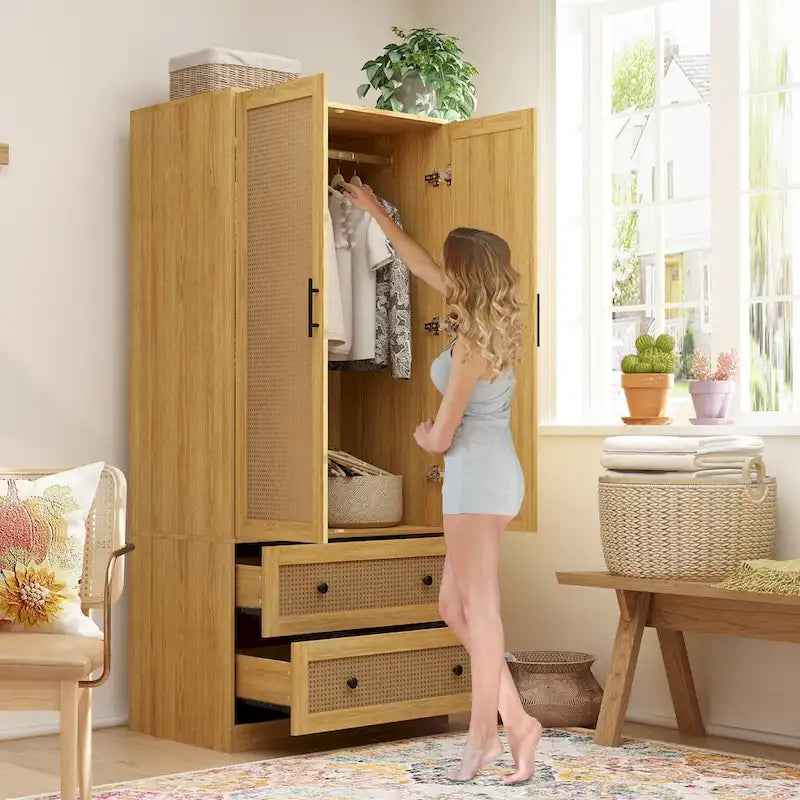 70.9Wardrobe Closet with Drawers and Hanging Rod Armoires Wood Finish