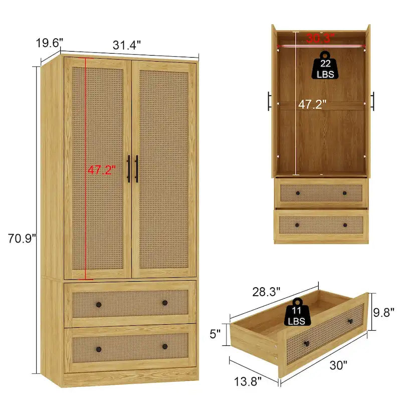 70.9Wardrobe Closet with Drawers and Hanging Rod Armoires Wood Finish