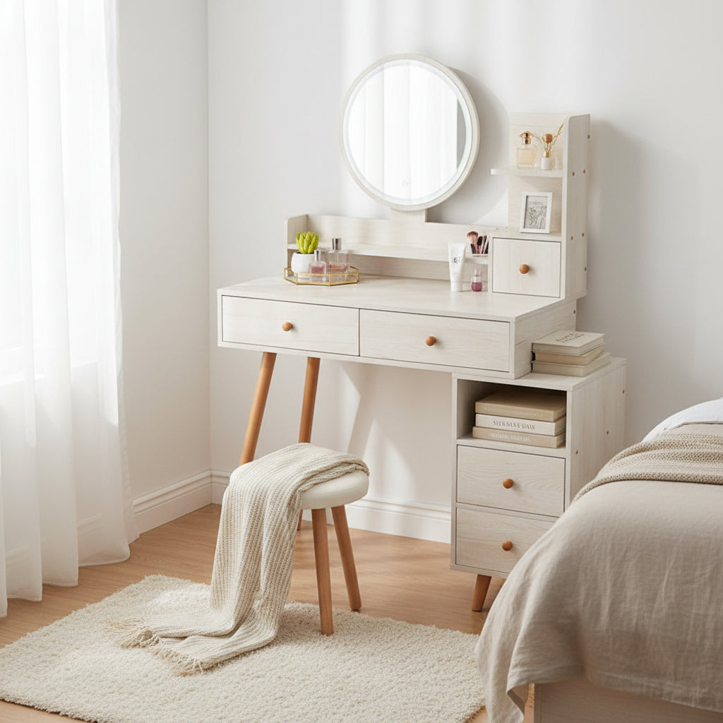 Length Adjustable Vanity Table Set w/ Touch LED Mirror and 5 Drawers