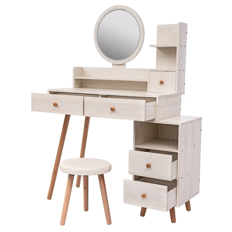 Length Adjustable Vanity Table Set w/ Touch LED Mirror and 5 Drawers