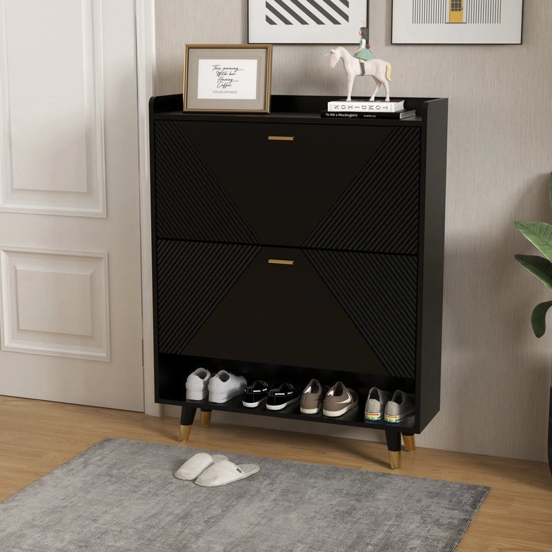 Black Shoe Storage Cabinet with 2flip Drawers, Entrance Shoe Rack Cabinet