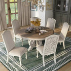 Farmhouse White Fabric Upholstered 7-Piece Round Dining Set