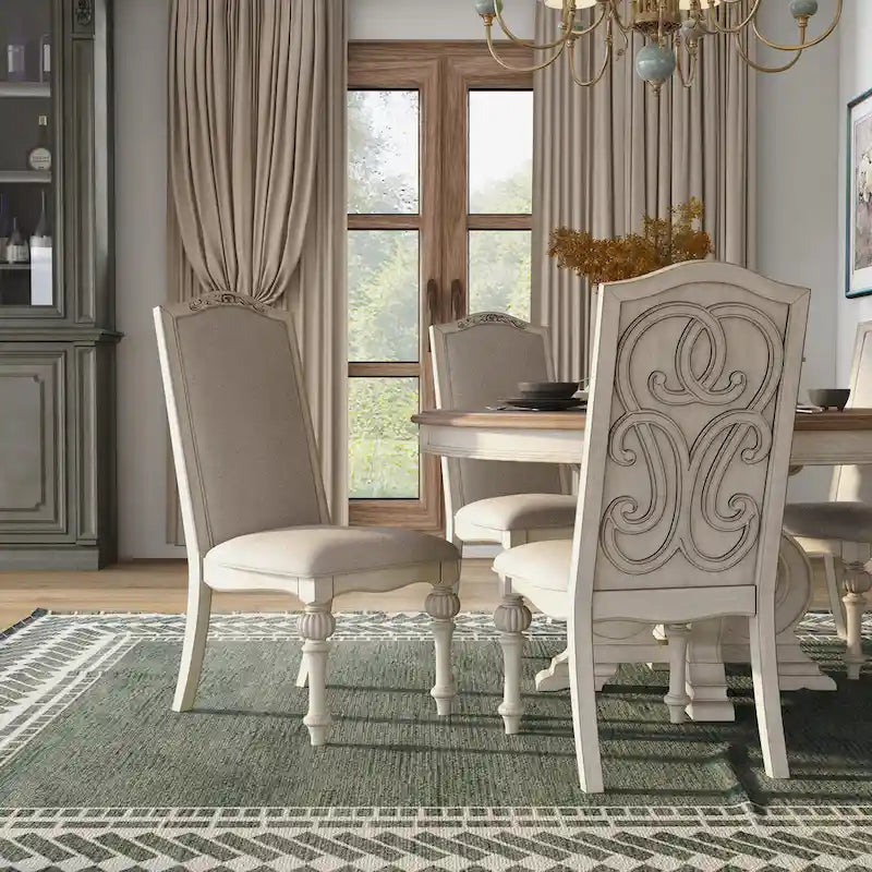 Farmhouse White Fabric Upholstered 7-Piece Round Dining Set