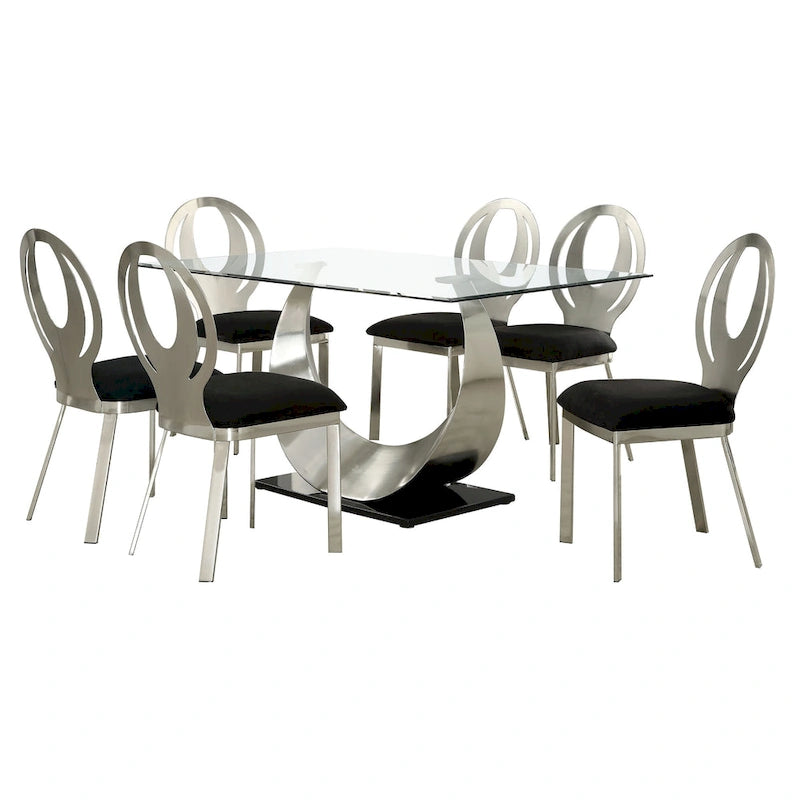 Modern Black Steel U-Shaped Pedestal 7-Piece Dining Set