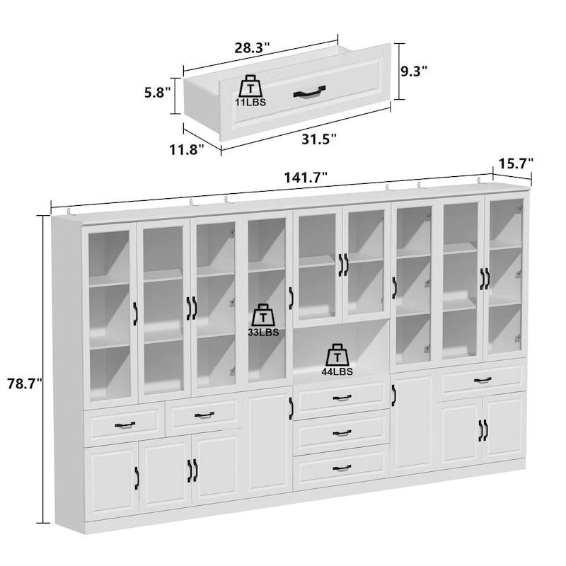 78.7Modular White Curio Bookcase Cabinet w/Glass Doors Buffet Display