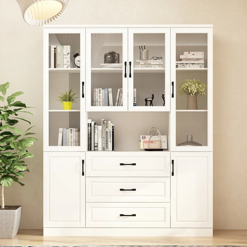 78.7Modular White Curio Bookcase Cabinet w/Glass Doors Buffet Display