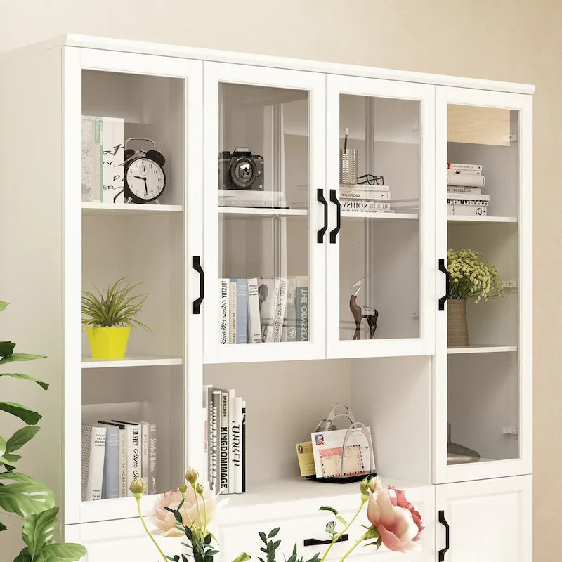 78.7Modular White Curio Bookcase Cabinet w/Glass Doors Buffet Display