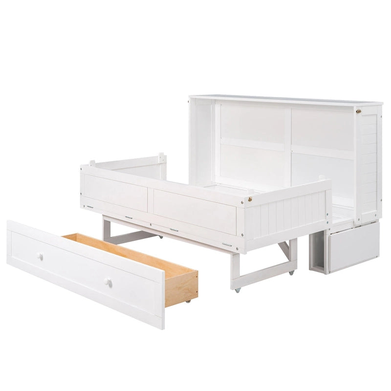 Nestfair White Queen Size Mobile Murphy Bed with Drawer and Shelves