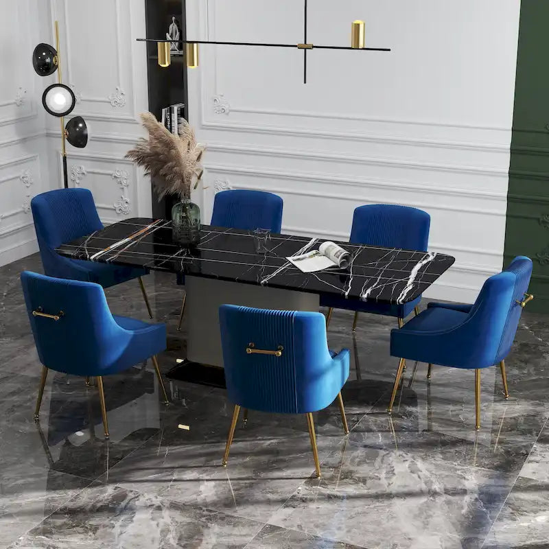 Modern Glam Boucle Pleated Velvet Dining Chair or Vanity Chair Set of 6 with Rear Handle