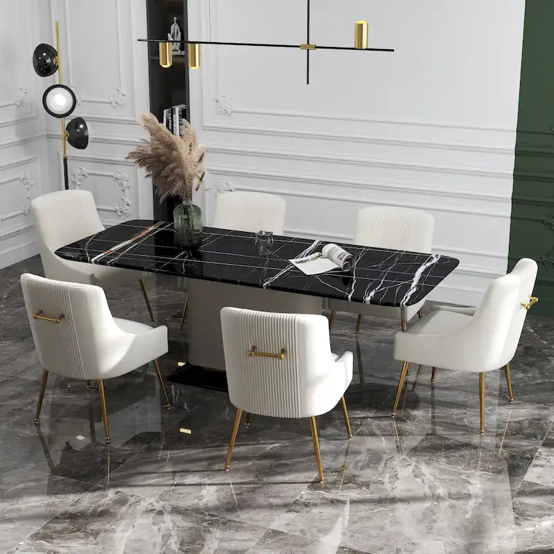 Modern Glam Boucle Pleated Velvet Dining Chair or Vanity Chair Set of 6 with Rear Handle