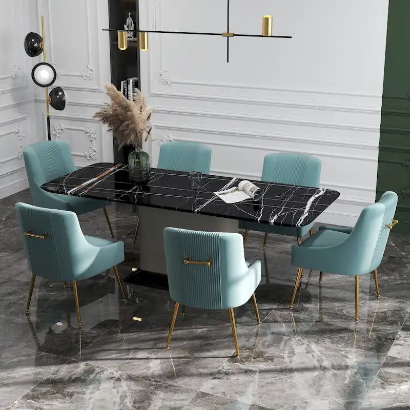 Modern Glam Boucle Pleated Velvet Dining Chair or Vanity Chair Set of 6 with Rear Handle