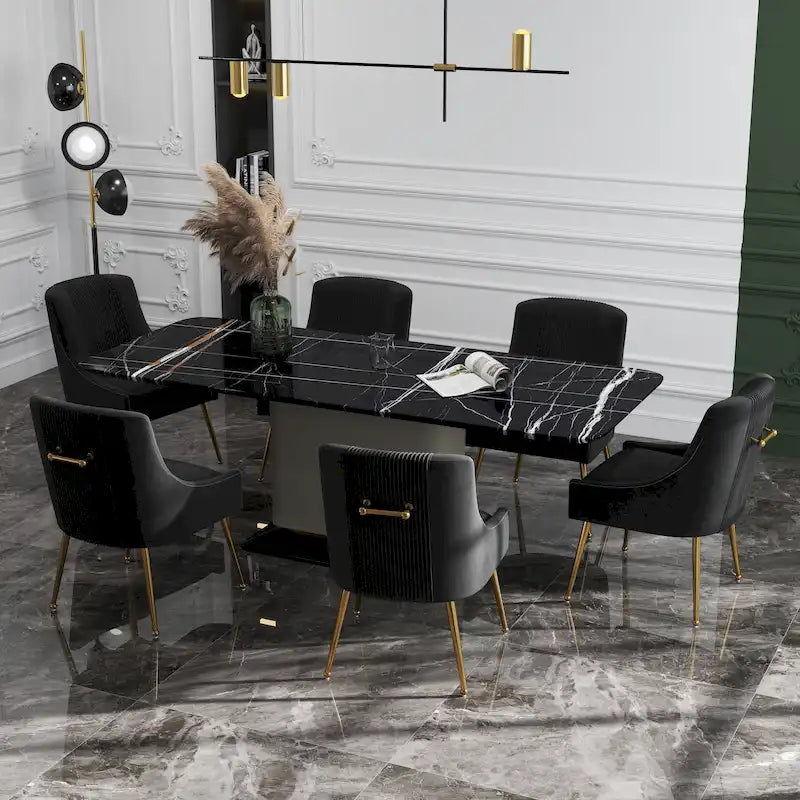 Modern Glam Boucle Pleated Velvet Dining Chair or Vanity Chair Set of 6 with Rear Handle