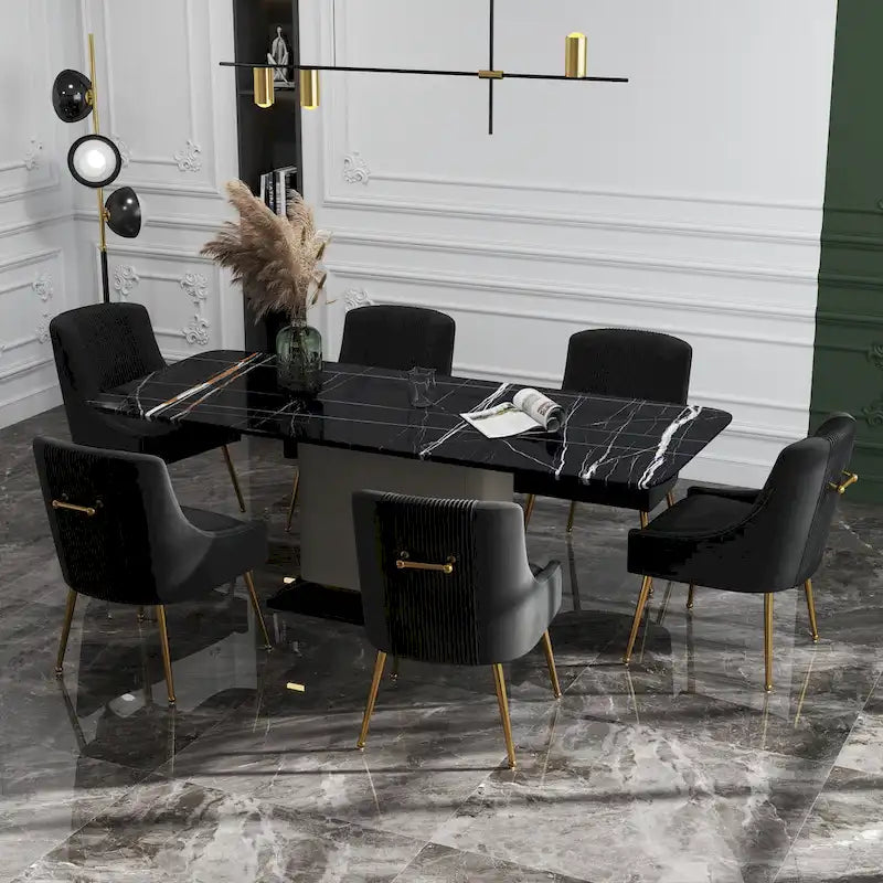 Modern Glam Boucle Pleated Velvet Dining Chair or Vanity Chair Set of 6 with Rear Handle