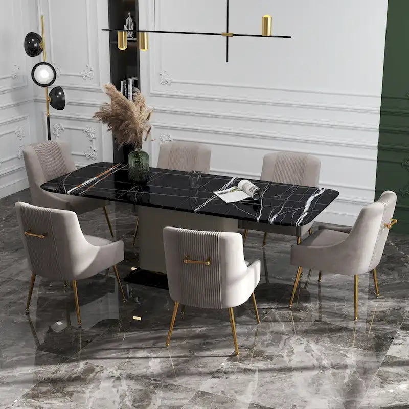 Modern Glam Boucle Pleated Velvet Dining Chair or Vanity Chair Set of 6 with Rear Handle